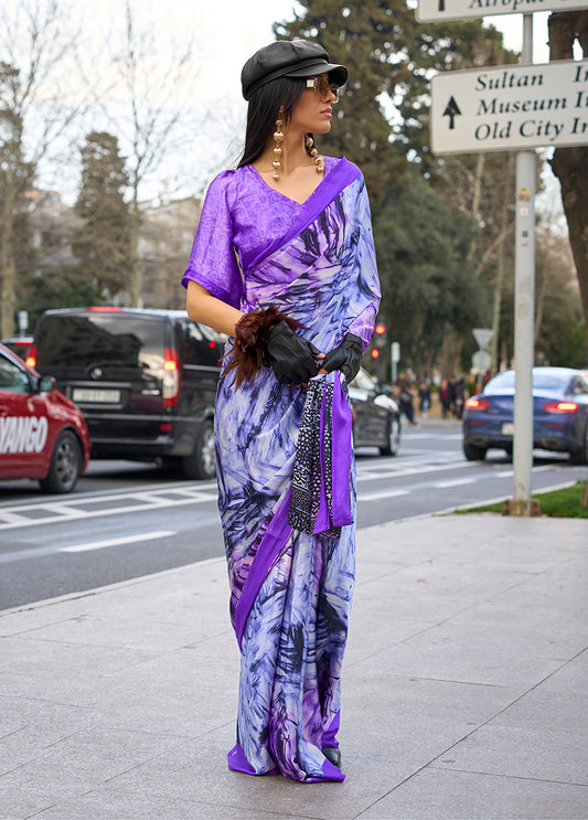 Lavender Satin Silk Lightweight Saree with Modern Prints