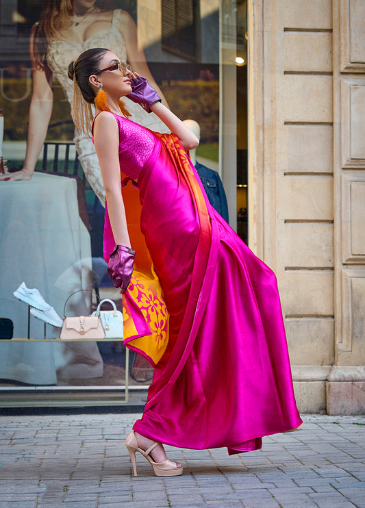 Magenta Satin Silk Lightweight Saree with Modern Prints