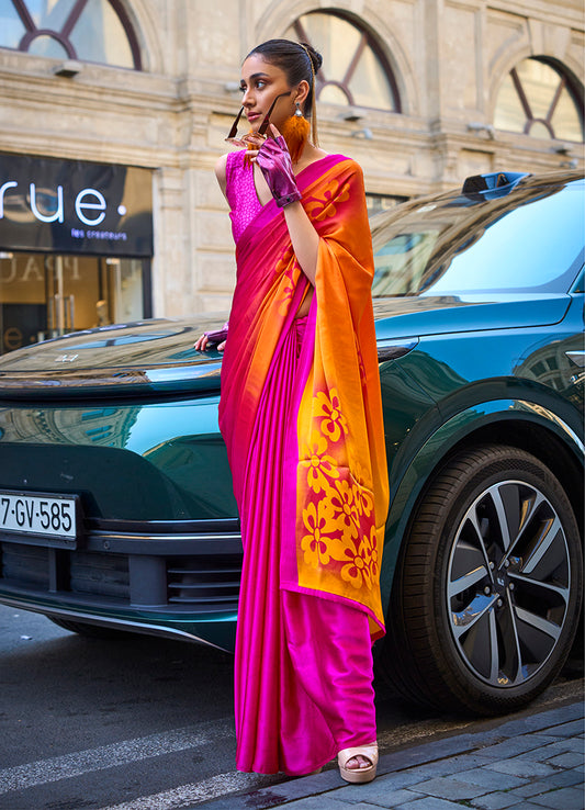 Magenta Satin Silk Lightweight Saree with Modern Prints