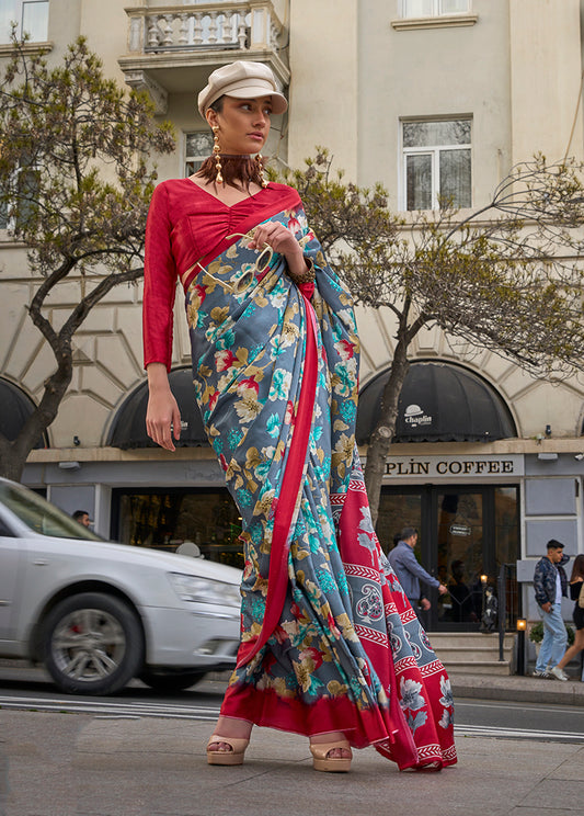 Gray Satin Silk Lightweight Saree with Modern Prints