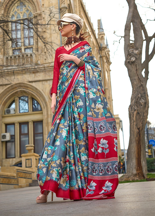 Gray Satin Silk Lightweight Saree with Modern Prints