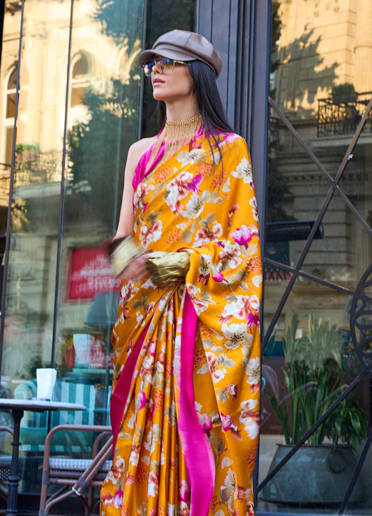 Mustard Satin Silk Lightweight Saree with Modern Prints