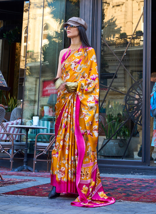 Mustard Satin Silk Lightweight Saree with Modern Prints
