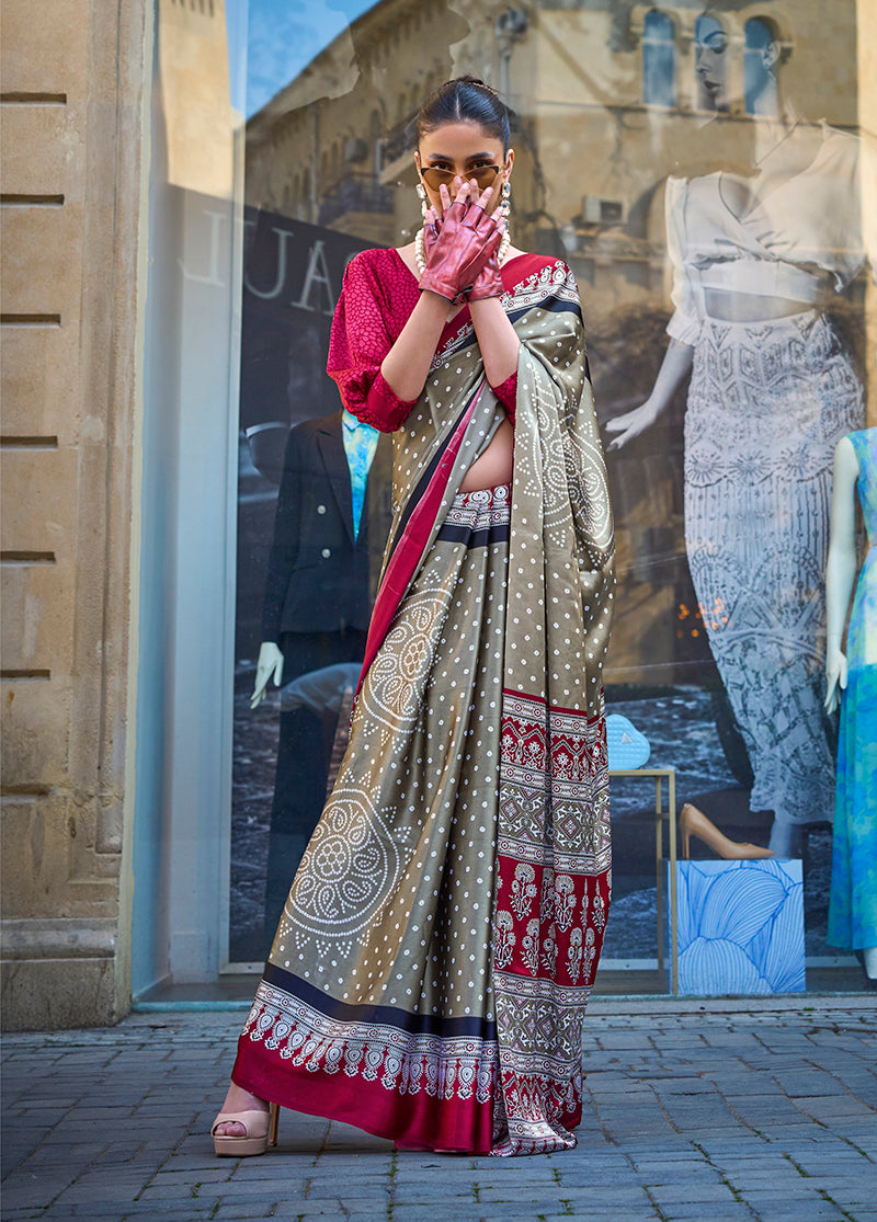 Copper Satin Silk Lightweight Saree with Modern Prints