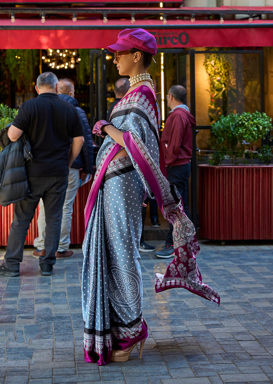 Gray Satin Silk Lightweight Saree with Modern Prints