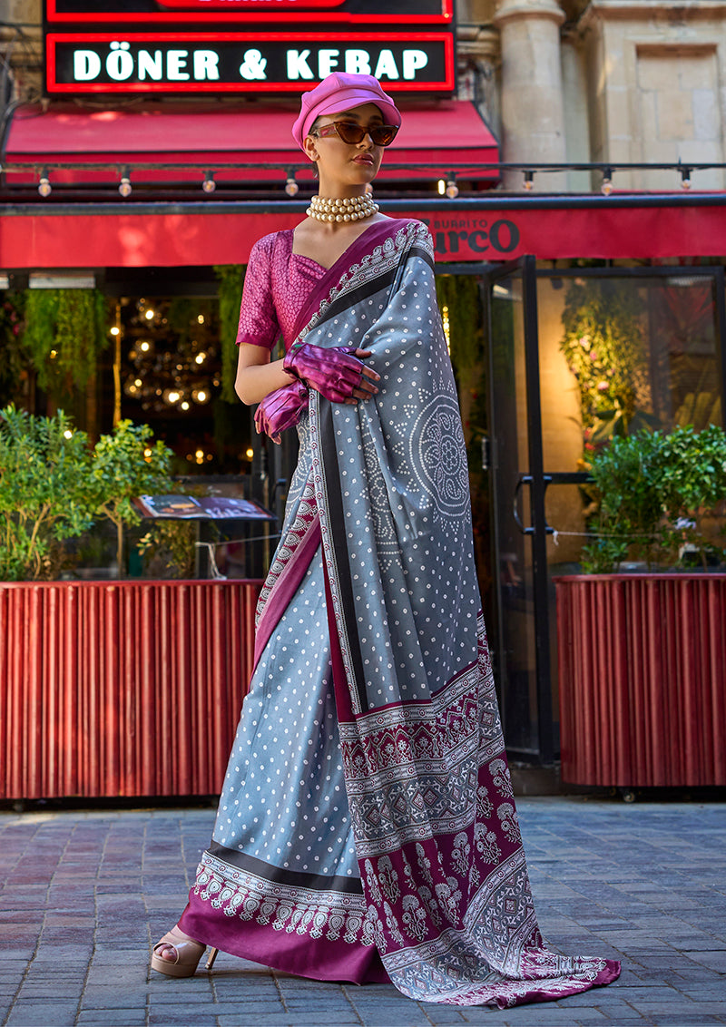 Gray Satin Silk Lightweight Saree with Modern Prints