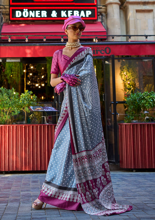 Gray Satin Silk Lightweight Saree with Modern Prints