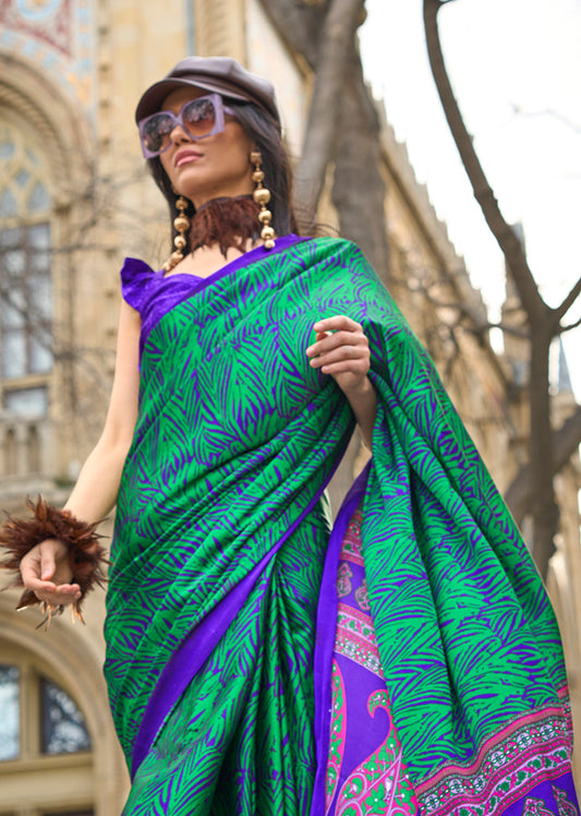 Teal Green Satin Silk Lightweight Saree with Modern Prints