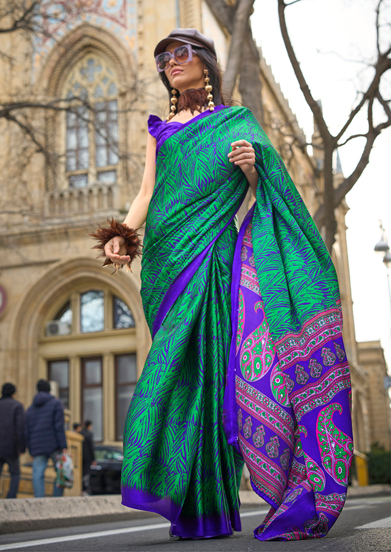 Teal Green Satin Silk Lightweight Saree with Modern Prints