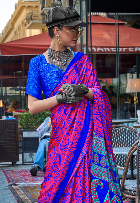 Magenta Satin Silk Lightweight Saree with Modern Prints