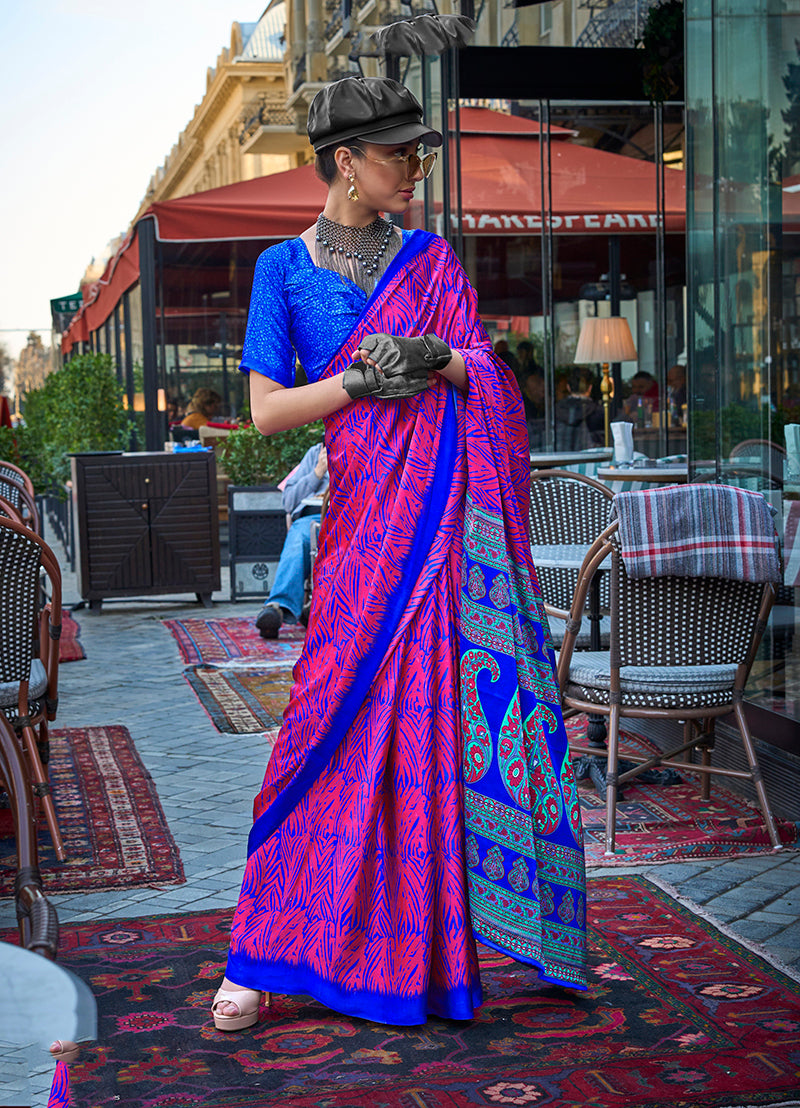 Magenta Satin Silk Lightweight Saree with Modern Prints