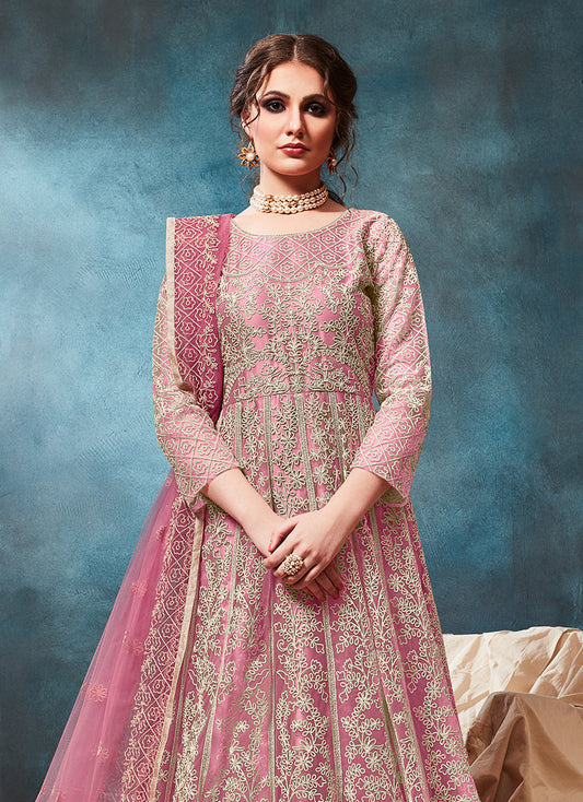 Baby Pink Net Zari Thread Floor Length Anarkali Suit - Monjolika Fashion