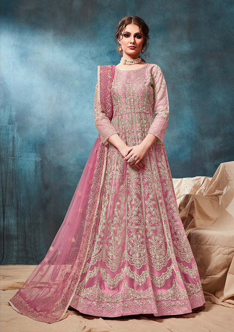 Baby Pink Net Zari Thread Floor Length Anarkali Suit