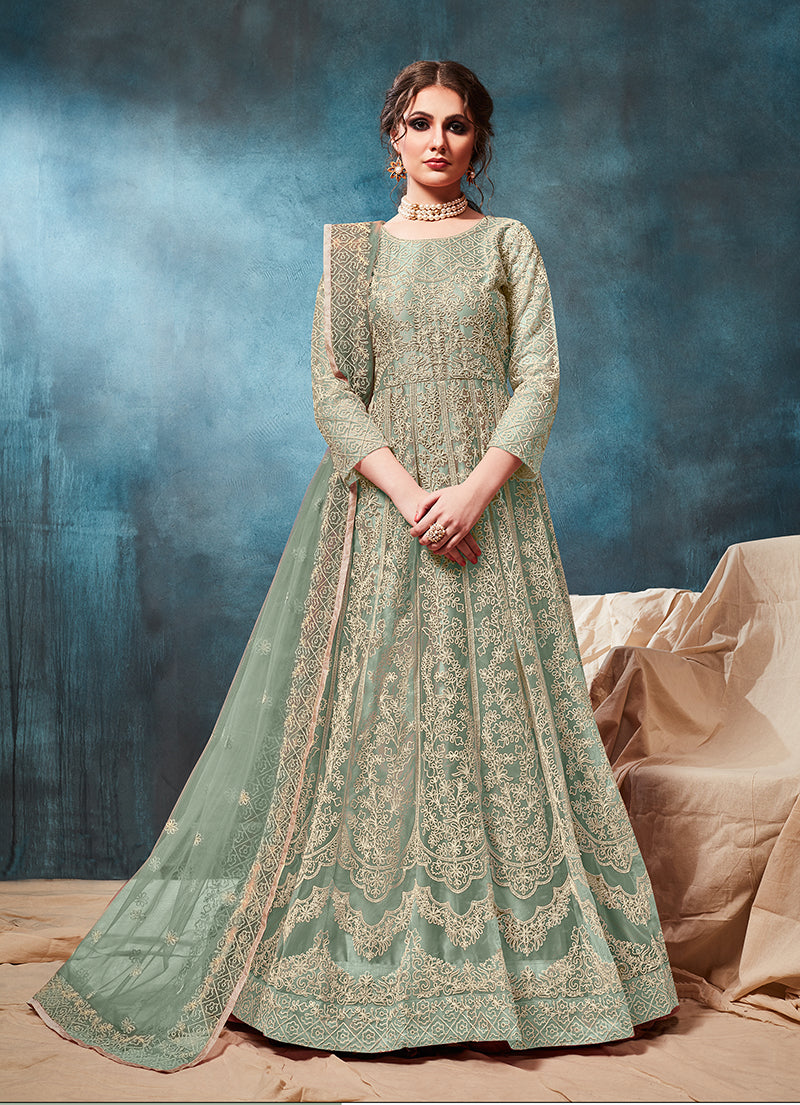 Sea Green Net Zari Thread Floor length Anarkali suit