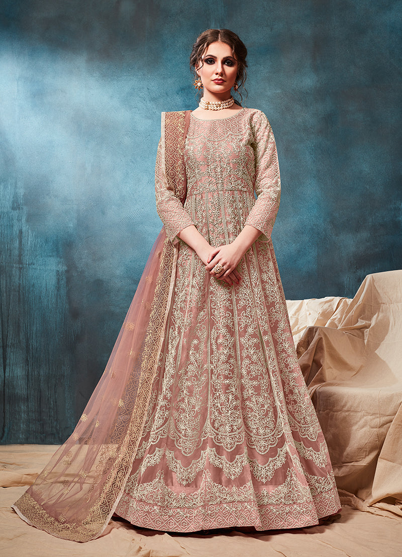 Peach Net Zari Thread Work Floor Length Anarkali Suit