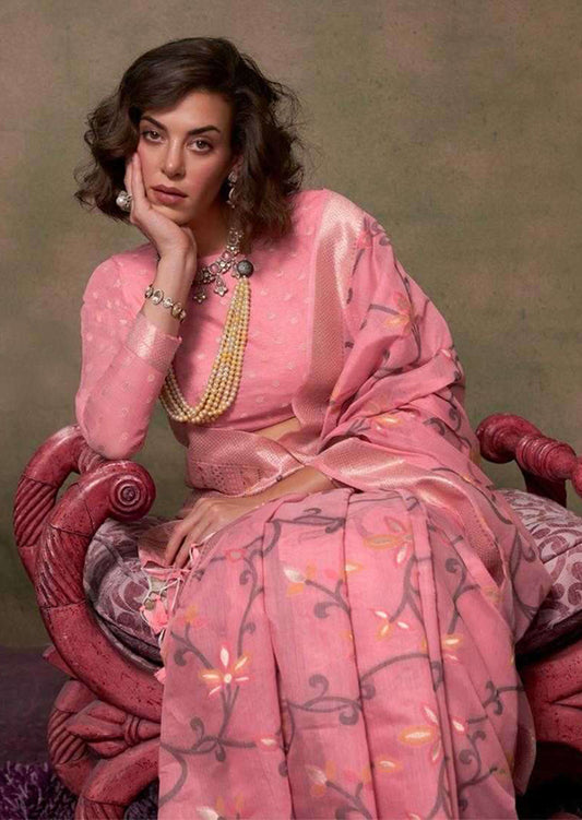 Light Pink Contemporary Jamdani Silk Woven Saree