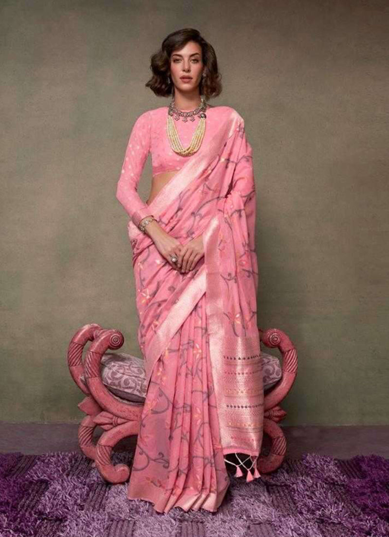Light Pink Contemporary Jamdani Silk Woven Saree