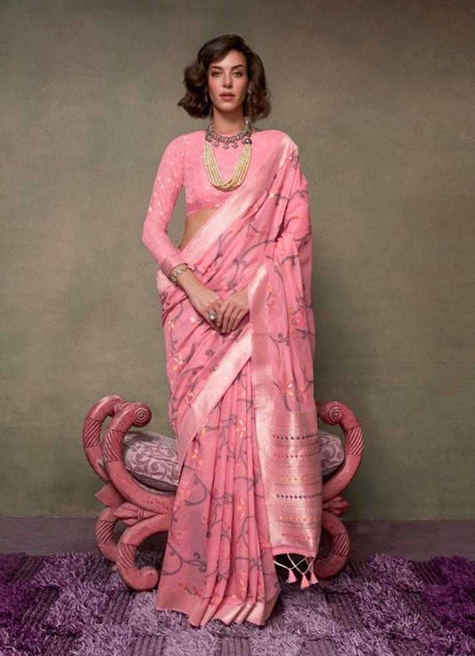 Light Pink Contemporary Jamdani Silk Woven Saree