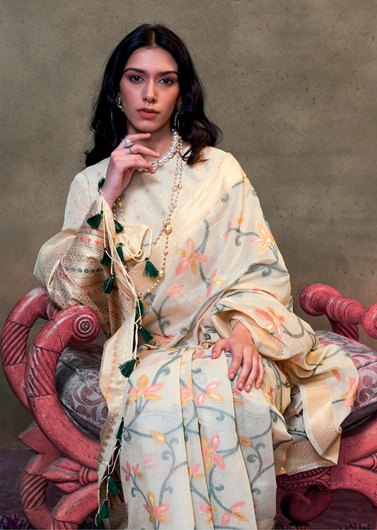 Cream Contemporary Jamdani Silk Woven Saree