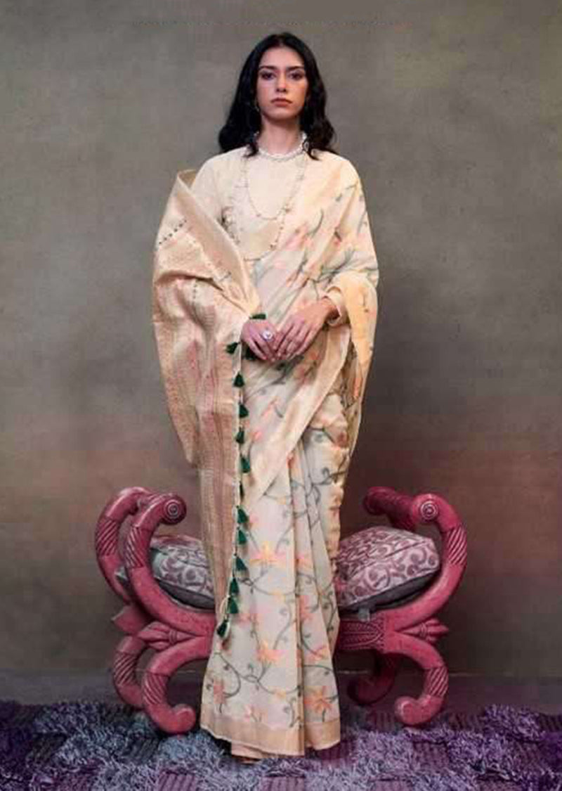 Cream Contemporary Jamdani Silk Woven Saree