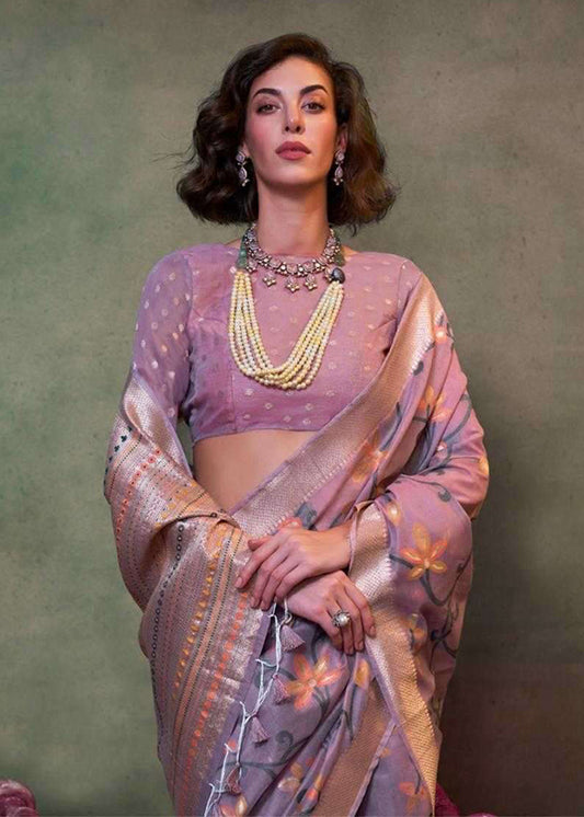 Light Lilac Contemporary Jamdani Silk Woven Saree