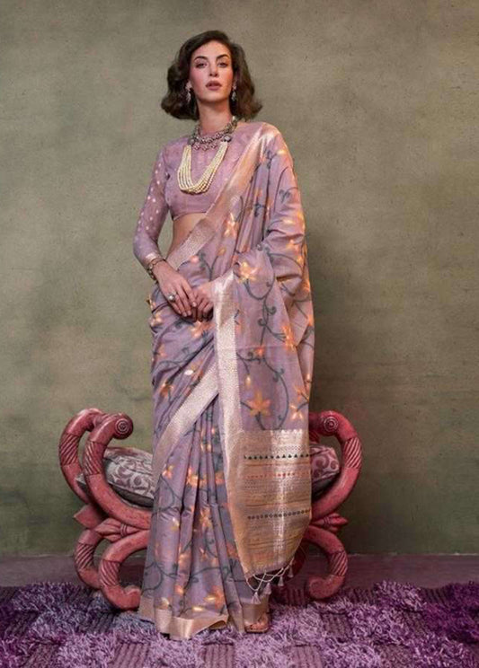Light Lilac Contemporary Jamdani Silk Woven Saree