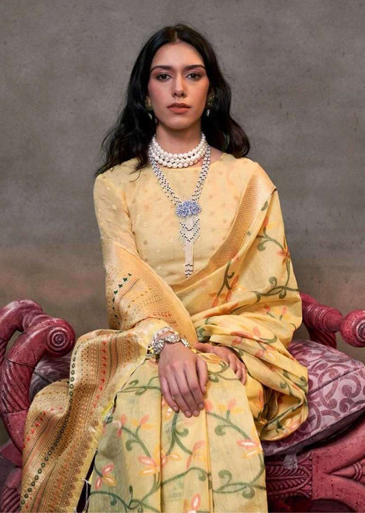 Light Yellow Contemporary Jamdani Silk Woven Saree