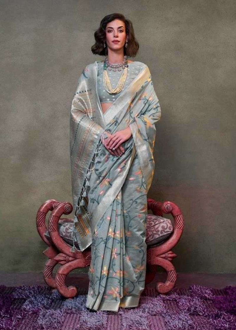 Gray Contemporary Jamdani Silk Woven Saree