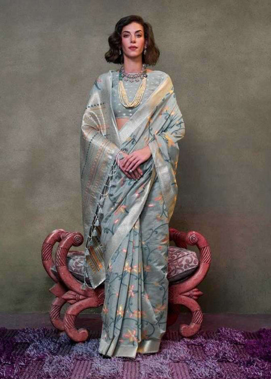 Gray Contemporary Jamdani Silk Woven Saree