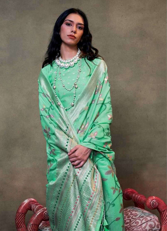 Turquoise Contemporary Jamdani Silk Woven Saree