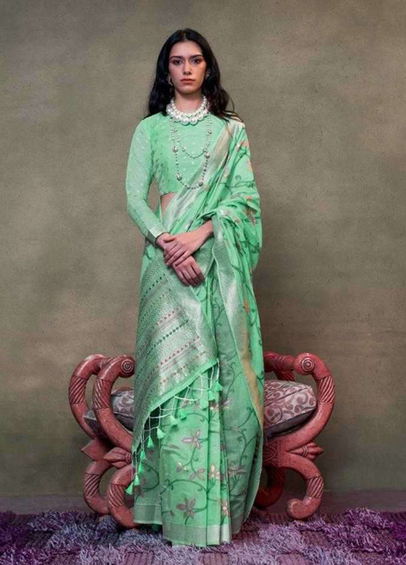Turquoise Contemporary Jamdani Silk Woven Saree