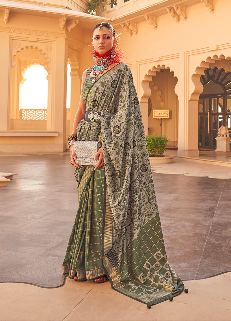 Mehendi Silk Saree with Floral & Geometric Prints