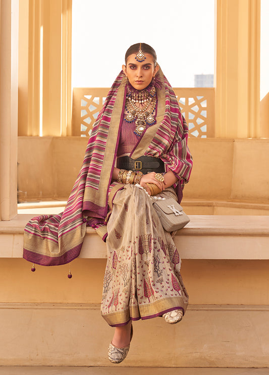 Beige Silk Geometric Prints Zari Weaving Saree