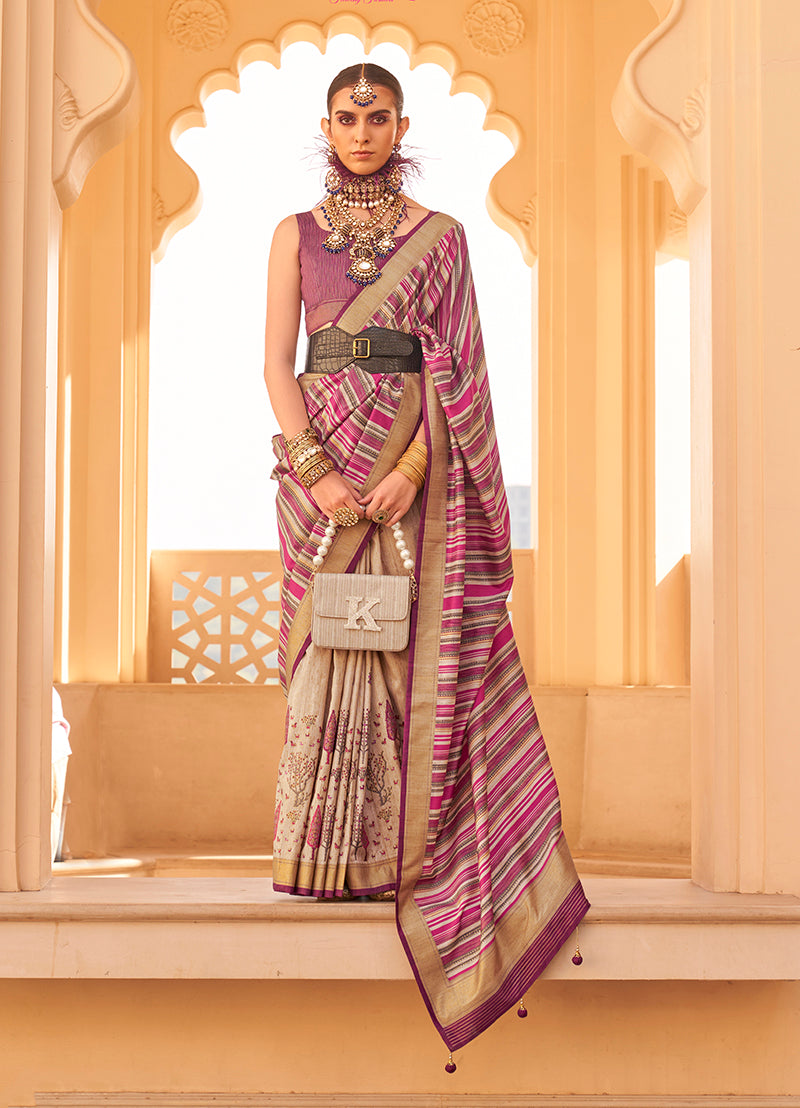 Beige Silk Geometric Prints Zari Weaving Saree