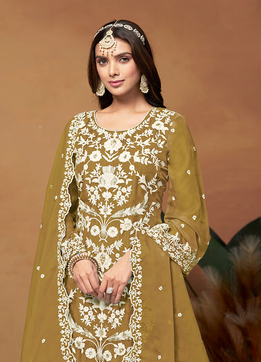 Olive Soft Organza Embroidered Straight Suit - Monjolika Fashion