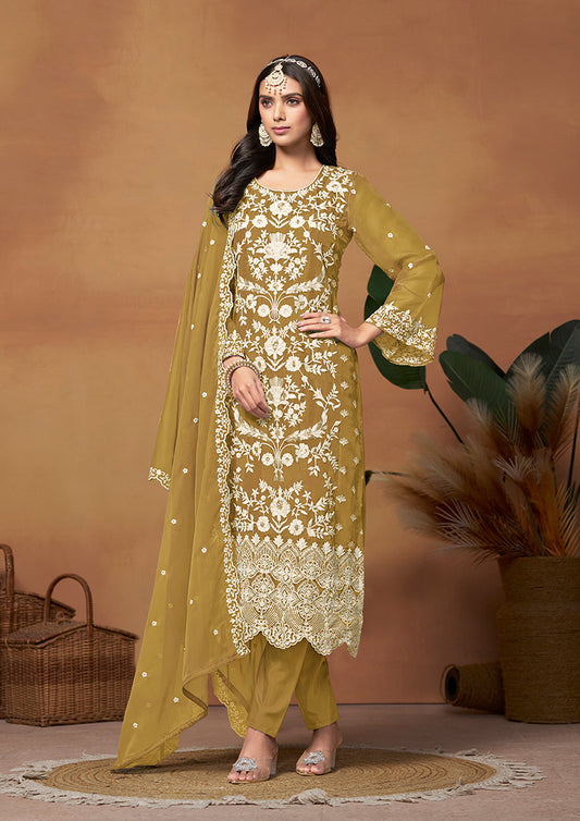 Olive Soft Organza Embroidered Straight Suit - Monjolika Fashion