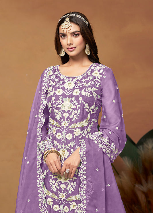 Lavender Soft Organza Embroidered Straight Suit - Monjolika Fashion