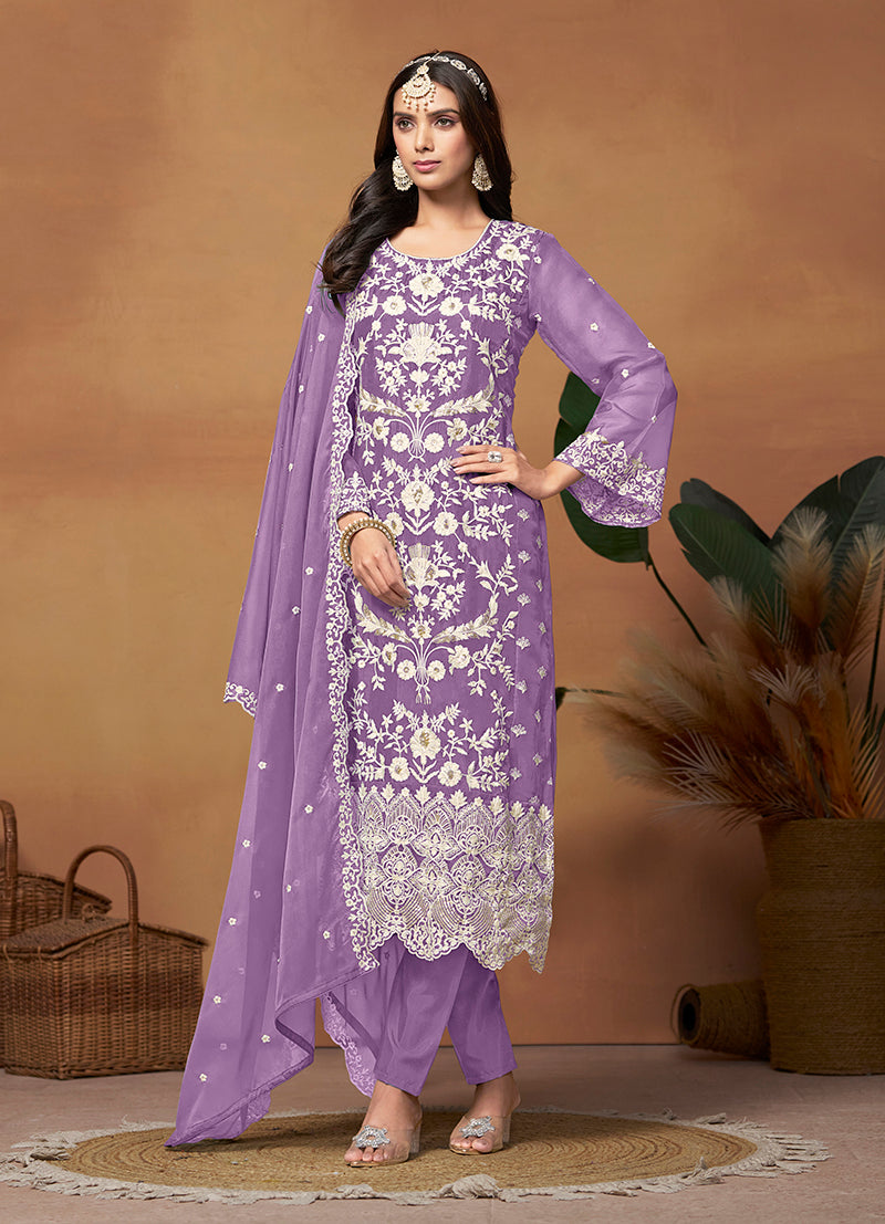 Lavender Soft Organza Embroidered Straight Suit
