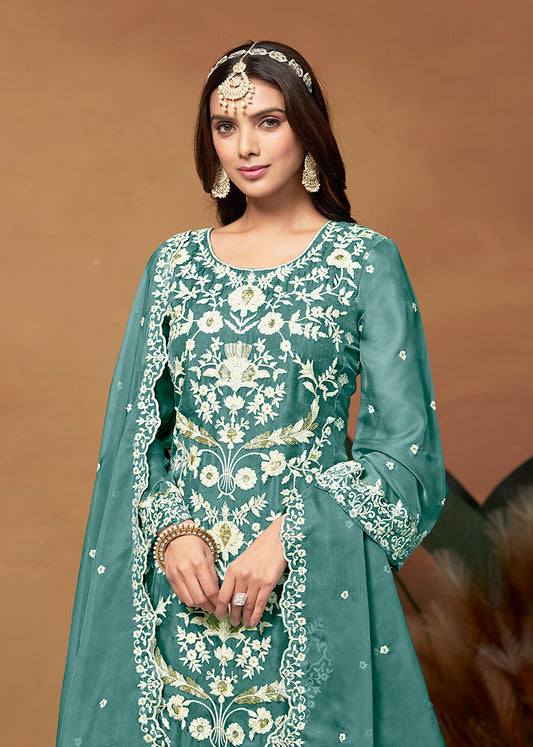 Light Blue Soft Organza Embroidered Straight Suit - Monjolika Fashion