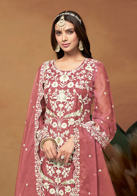 Dark Mauve Soft Organza Embroidered Straight Suit - Monjolika Fashion