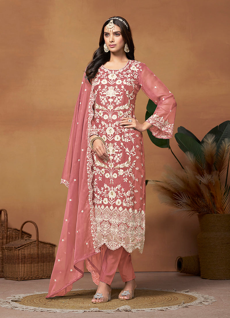 Dark Mauve Soft Organza Embroidered Straight Suit