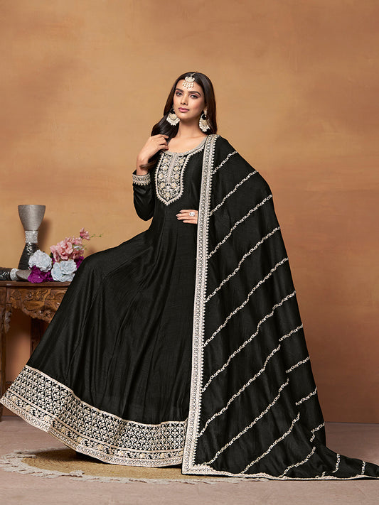 Black Art silk Embroidered Designer Anarkali Suit - Monjolika Fashion