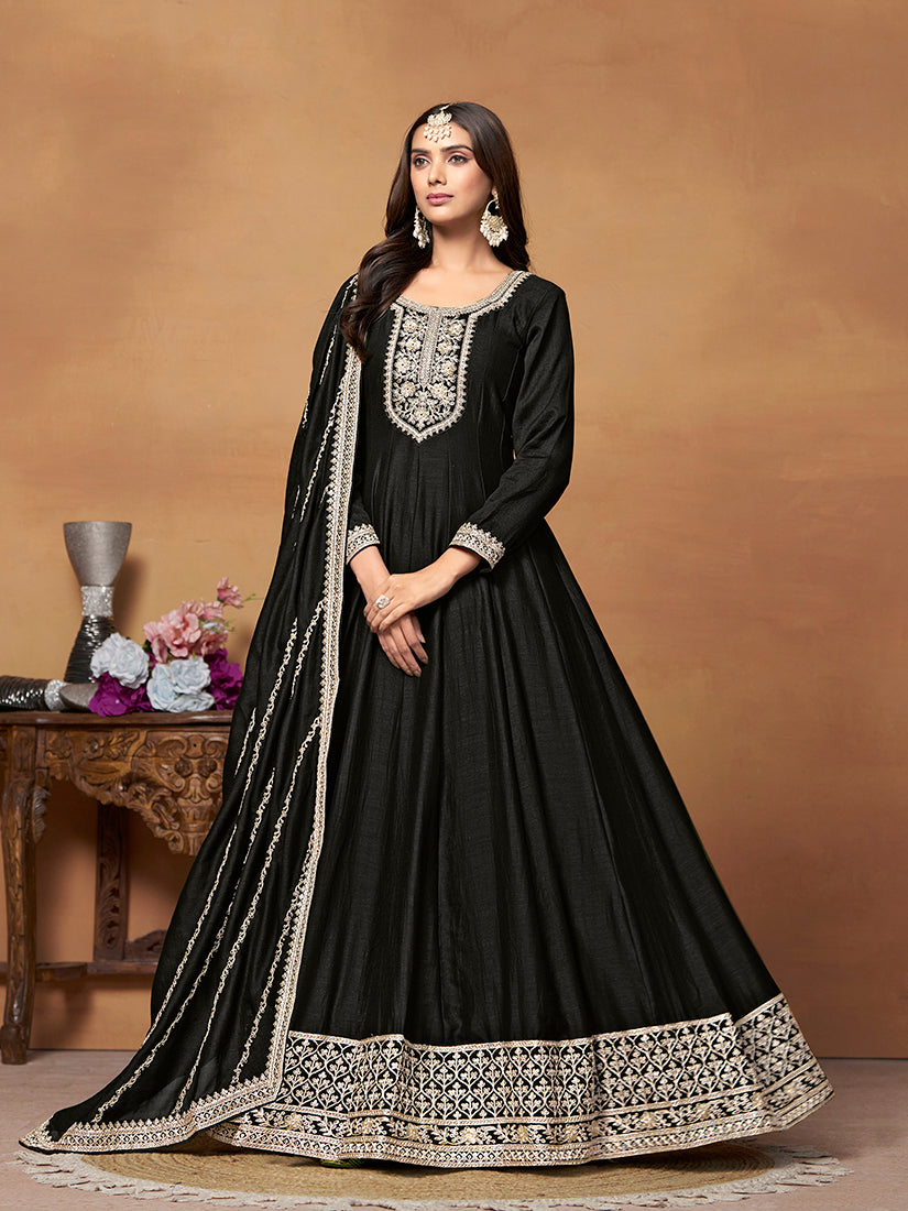 Black Art silk Embroidered Designer Anarkali Suit