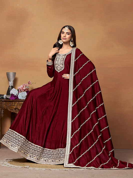 Wine Art silk Embroidered Designer Anarkali Suit