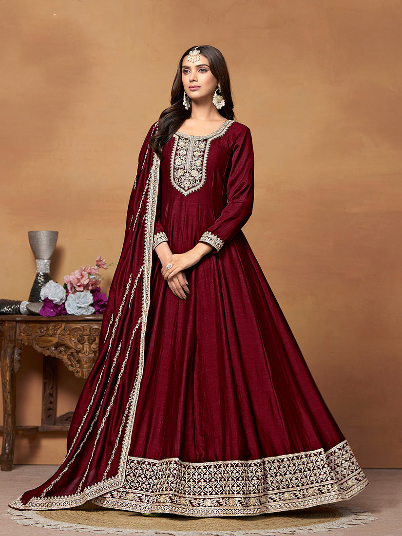 Wine Art silk Embroidered Designer Anarkali Suit