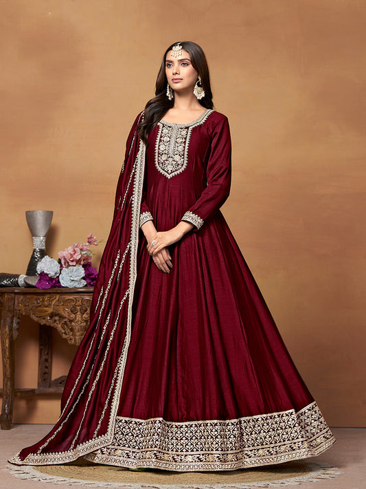 Wine Art silk Embroidered Designer Anarkali Suit