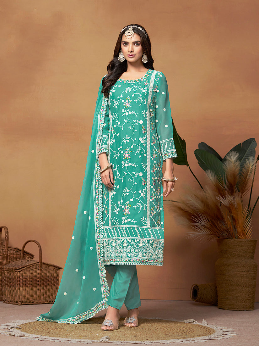 Sea green Soft Organza Embroidered Trendy Suit