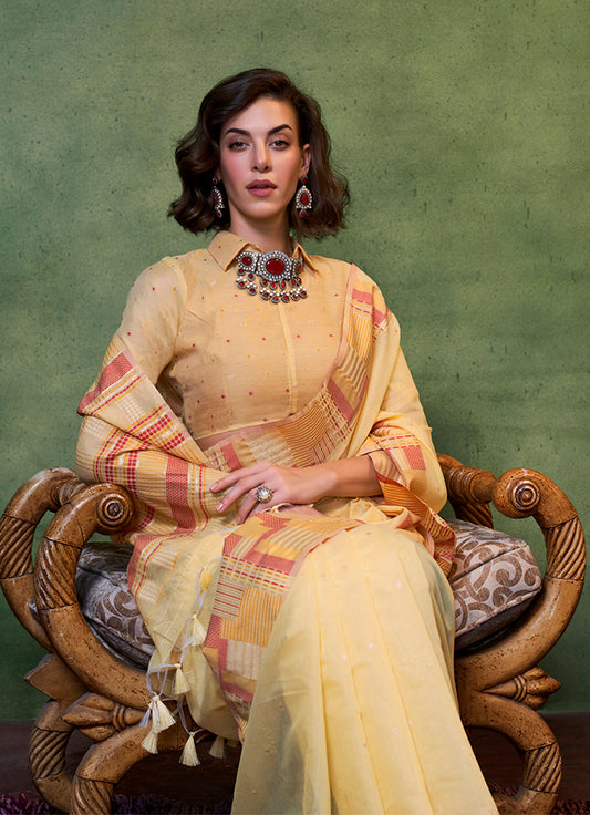Light Yellow Weaving Silk Light weight Casual Saree