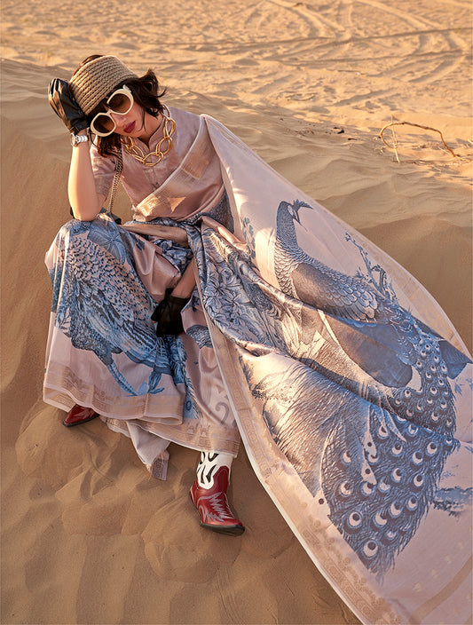 Slate Gray Printed Tussar Silk Zari Woven Classic Saree