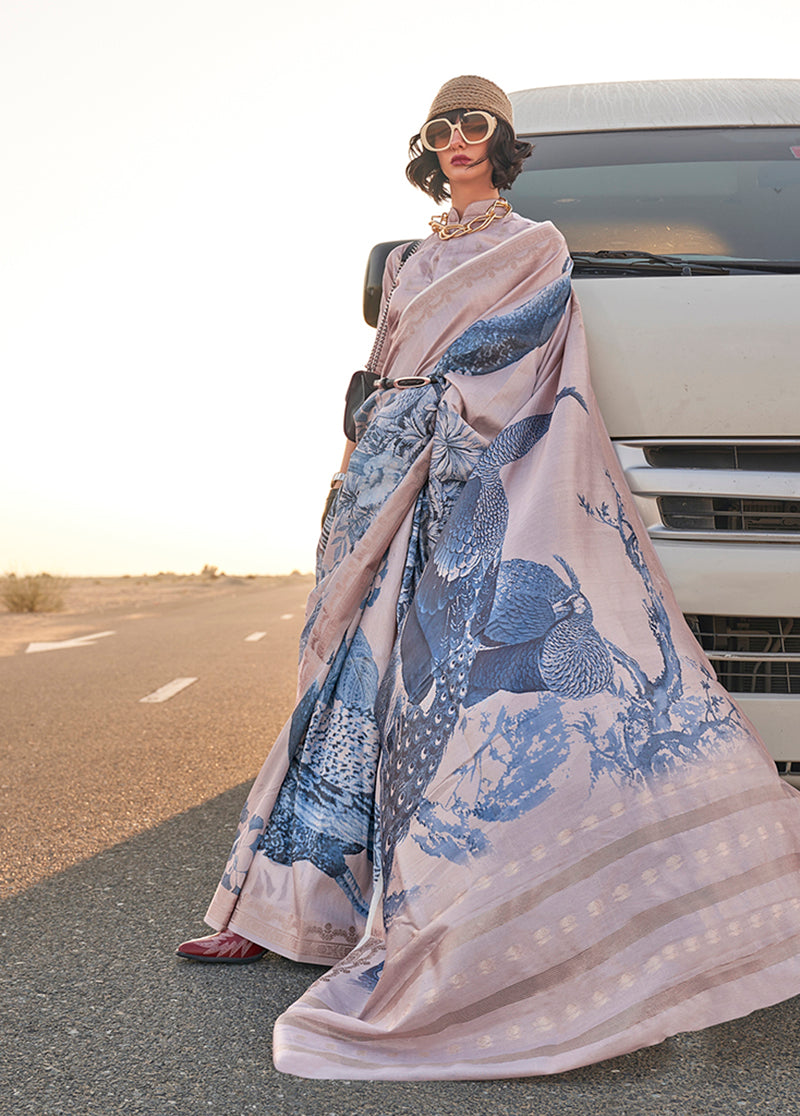 Slate Gray Printed Tussar Silk Zari Woven Classic Saree